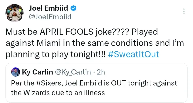 B体育中国官网-恩比德回应缺阵报道：这是愚人节玩笑？我今晚要打